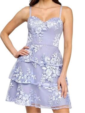BCX Juniors' Tiered Fit & Flare Flocked Mesh Dress Lavender Pastel Purple NEW 3